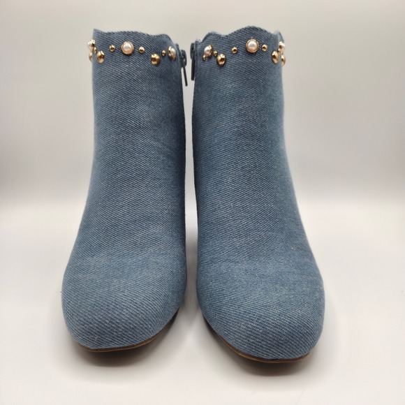 Cato Womens Blue Denim Pearl Studded Scalloped Ankle Booties Block Heel Size 6 - Picture 5 of 9